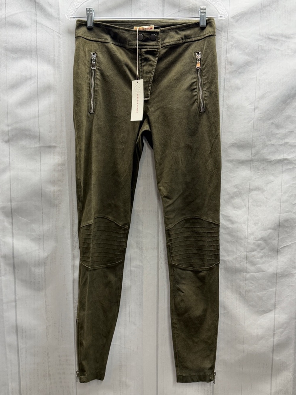 Rebecca Taylor NWT Olive Green Lamb Leather Suede Moto Pants Sizw 12